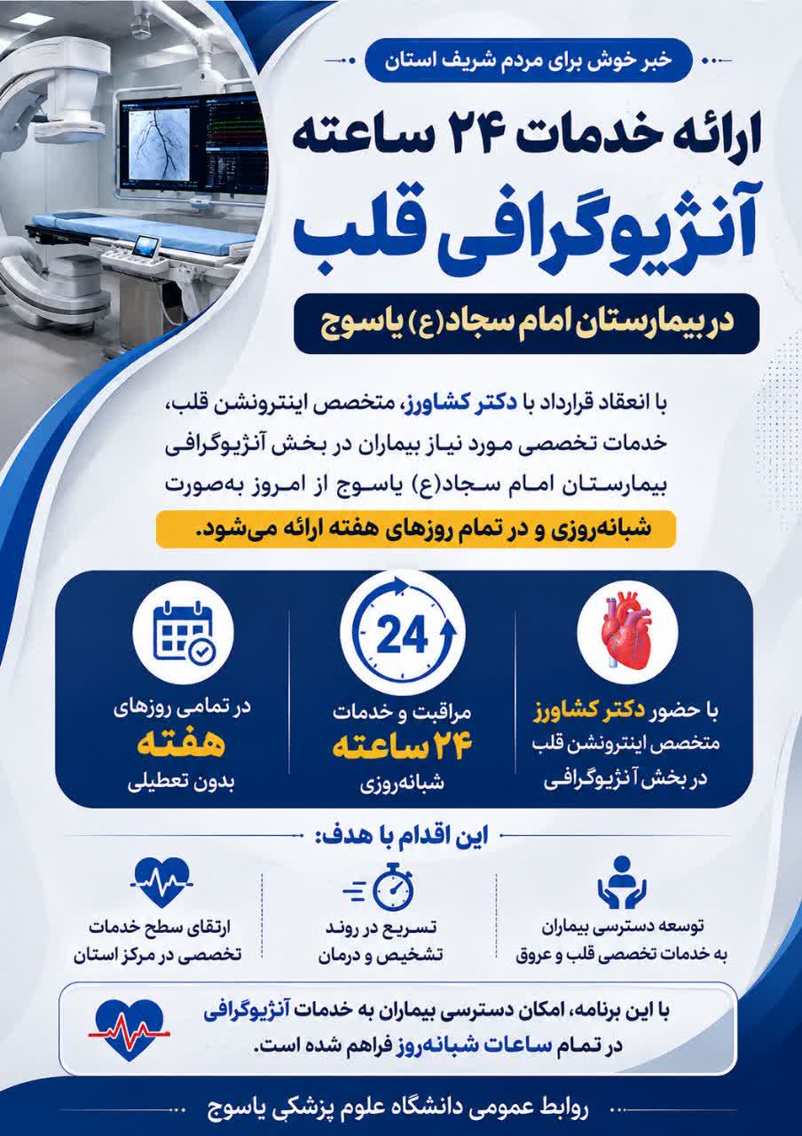 ارائه خدمات ۲۴ ساعته آنژیوگرافی قلب در بیمارستان امام سجاد(ع) یاسوج